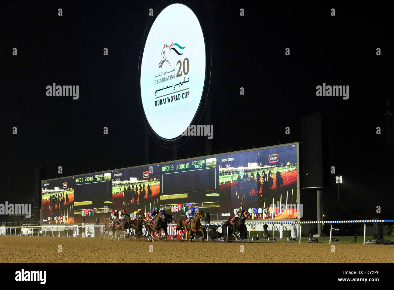 Dubai, Emirati arabi uniti, cavalli e fantini durante il ventesimo Dubai World Cup prima lo schermo video Foto Stock