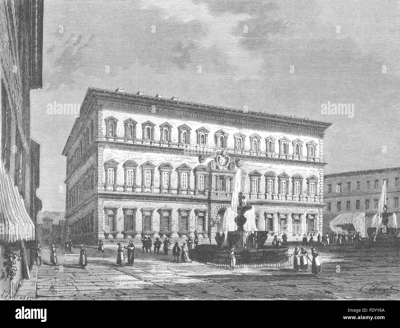 Roma: il Palazzo Farnese, antica stampa 1872 Foto Stock