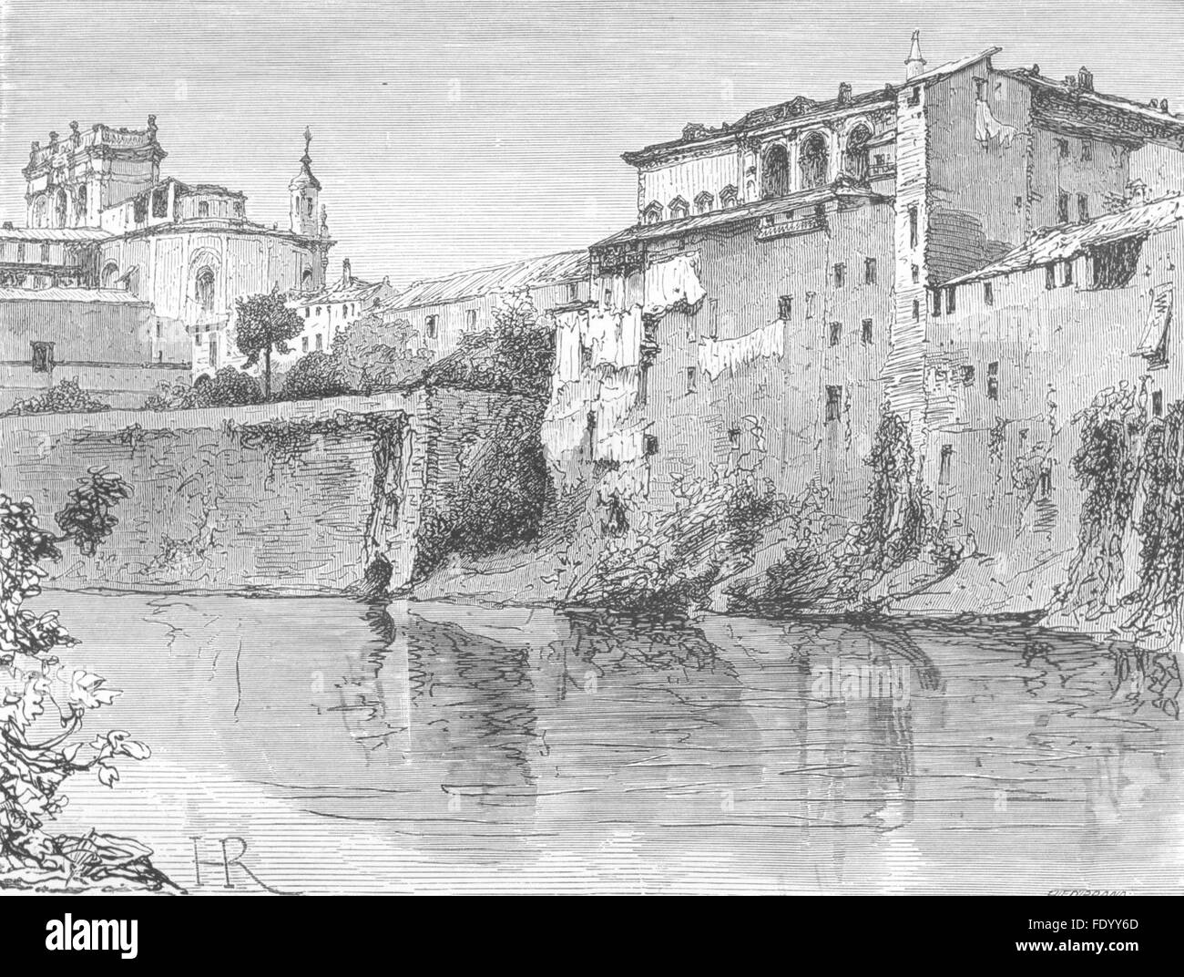 Roma: Loggia dei Farnese, dal banco Tevere, antica stampa 1872 Foto Stock