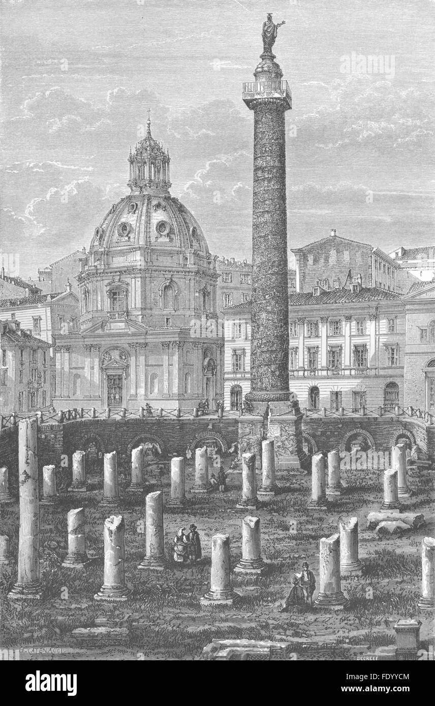 Roma: Colonna di Traiano & Ulpian Basilica, antica stampa 1872 Foto Stock