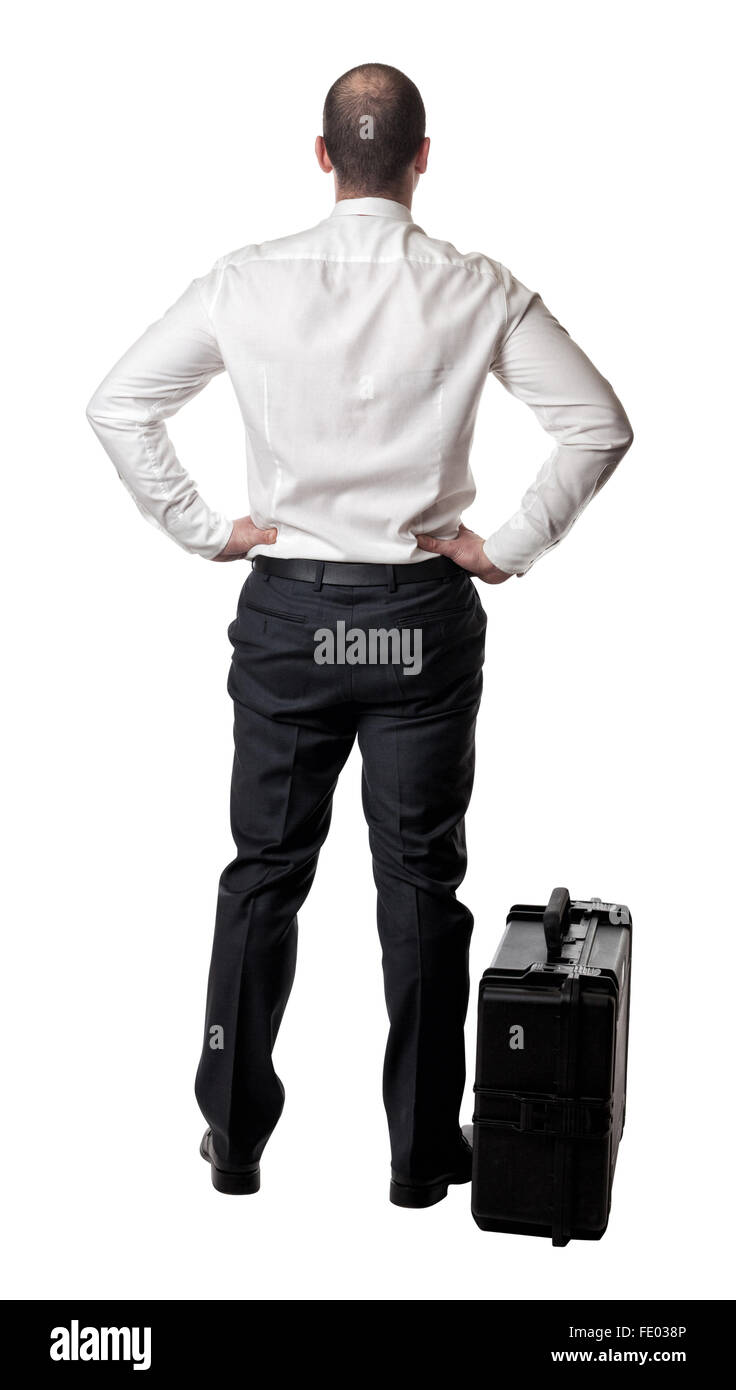 Uomo con valigia isolato su bianco Foto Stock