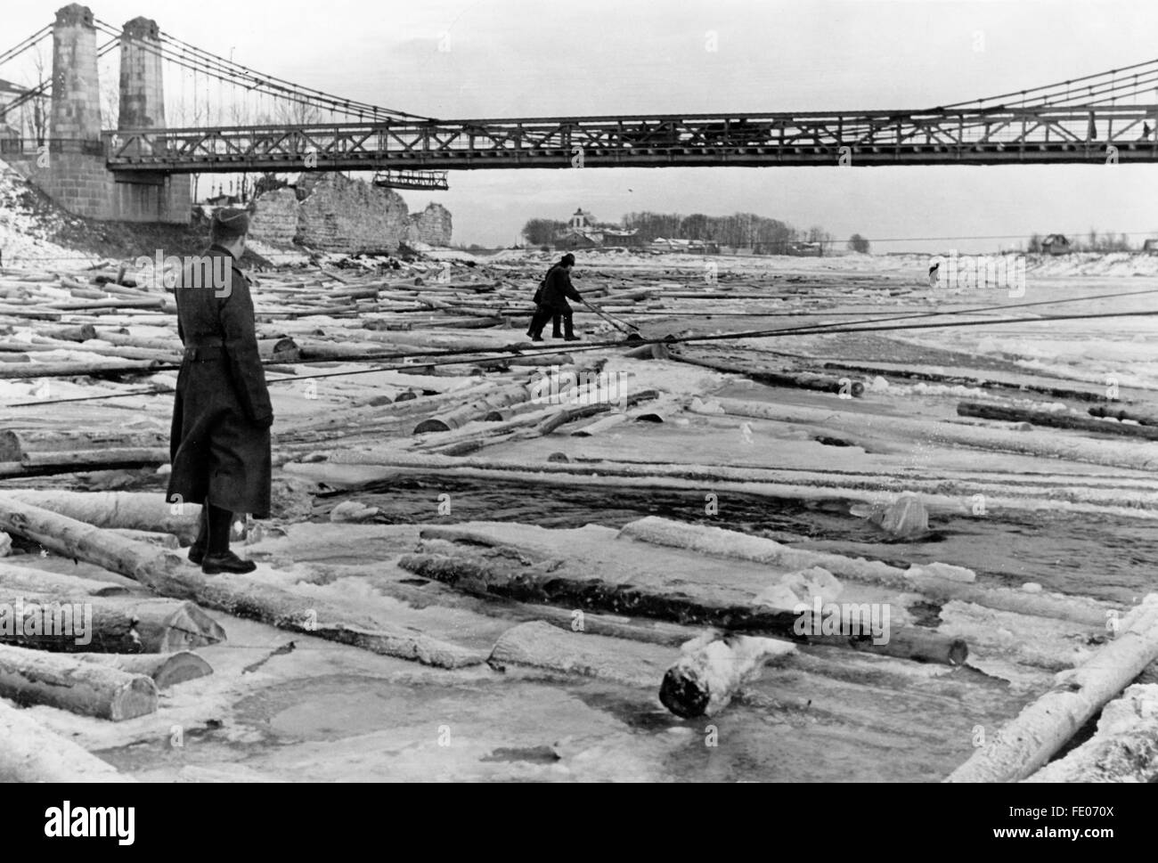 L'immagine della propaganda nazista mostra la collezione di tronchi di alberi lavati a terra dell'Organizzazione Todt per l'ulteriore lavorazione in una segheria sul fronte orientale. La foto è stata scattata nel febbraio 1943. Fotoarchiv für Zeitgeschichtee - SENZA FILI - Foto Stock