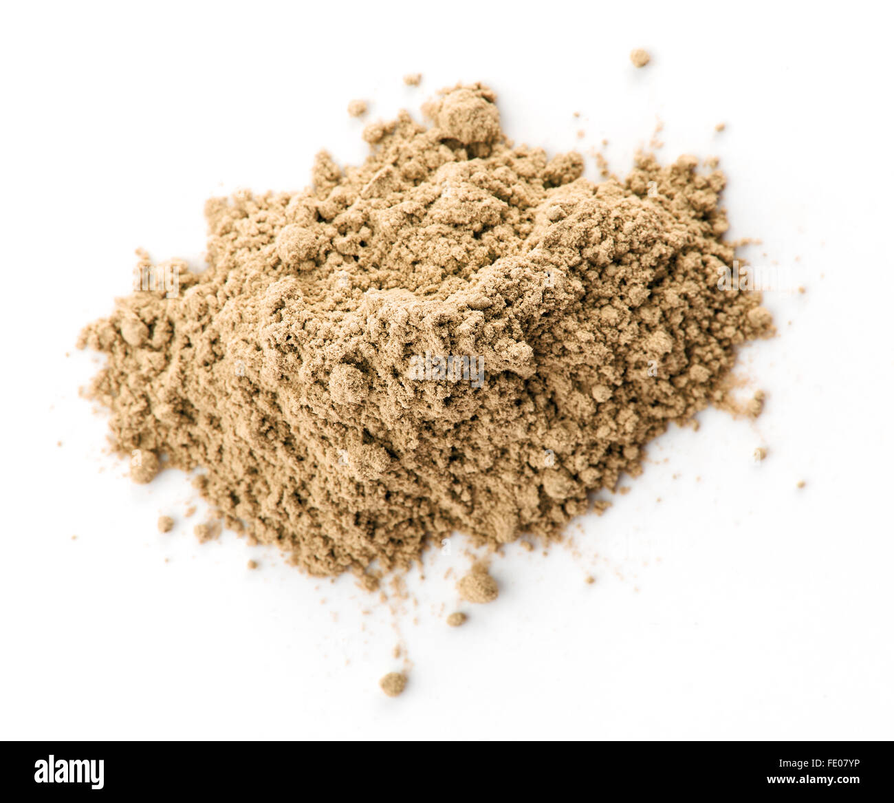 Polvere di maca su sfondo bianco, isolata, vista dall'alto Foto Stock