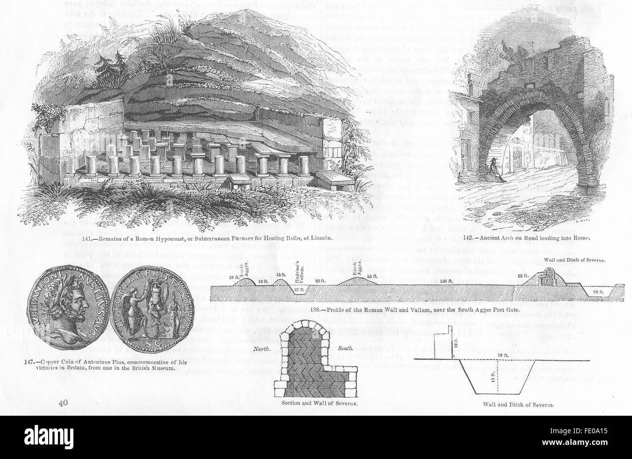 Romani: LINColn: Hypocaust Romano(bagno fornace)et al, antica stampa 1845 Foto Stock