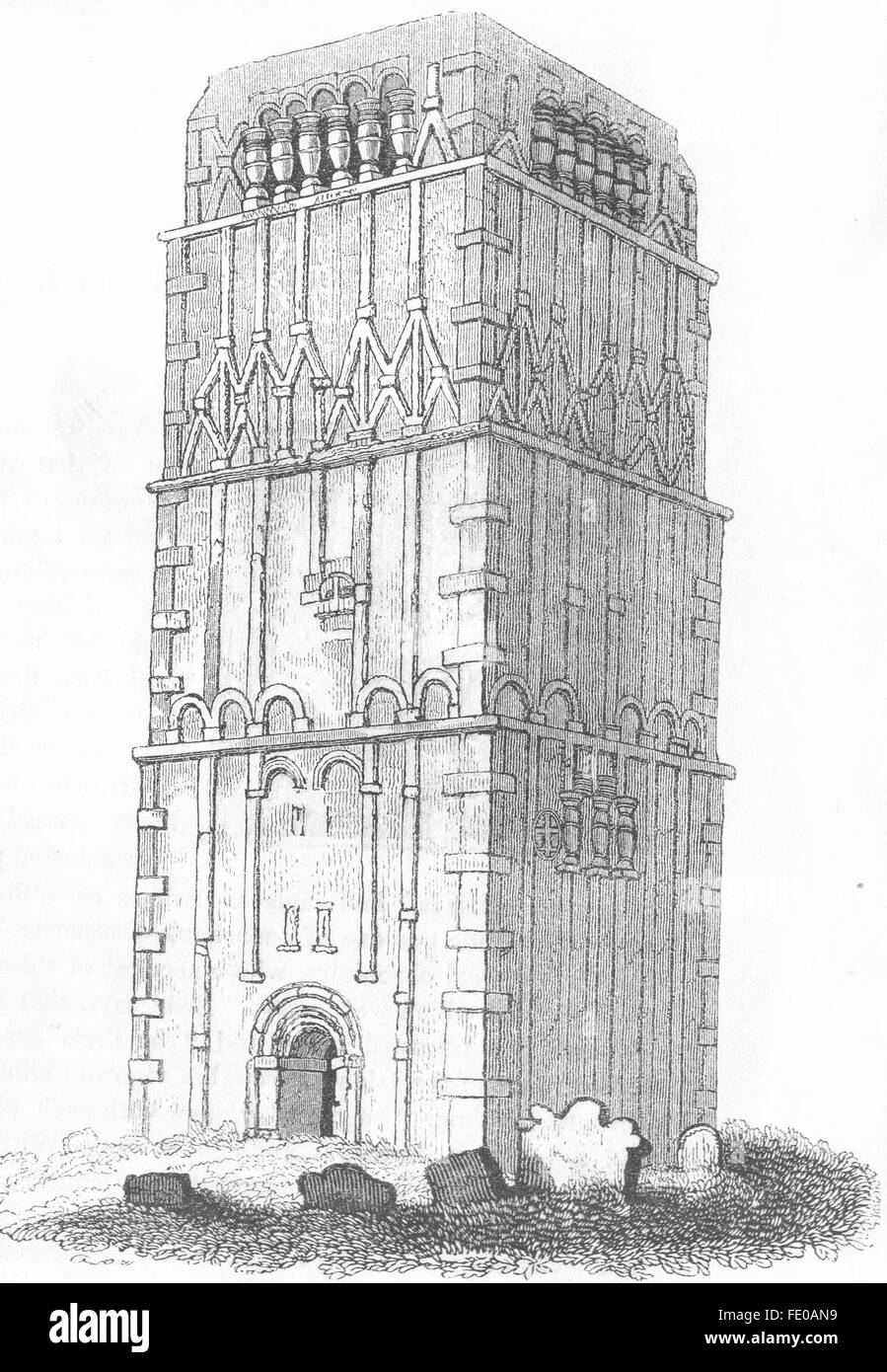 NORTHANTS: Torre di Earls Barton chiesa antica stampa 1845 Foto Stock
