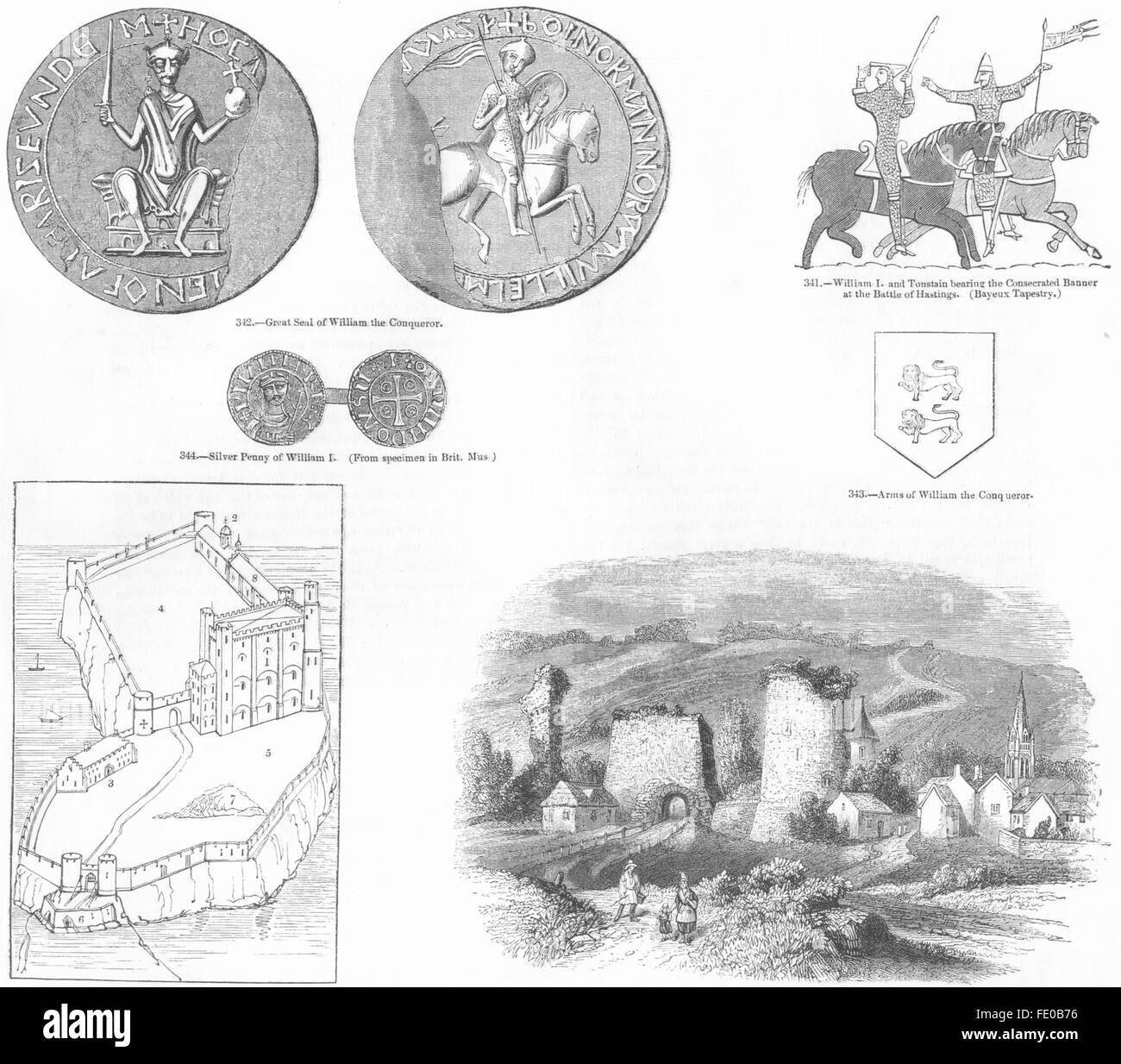 Guglielmo il Conquistatore: Guarnizione; Tonstain, Hastings, Bayeux, antica stampa 1845 Foto Stock