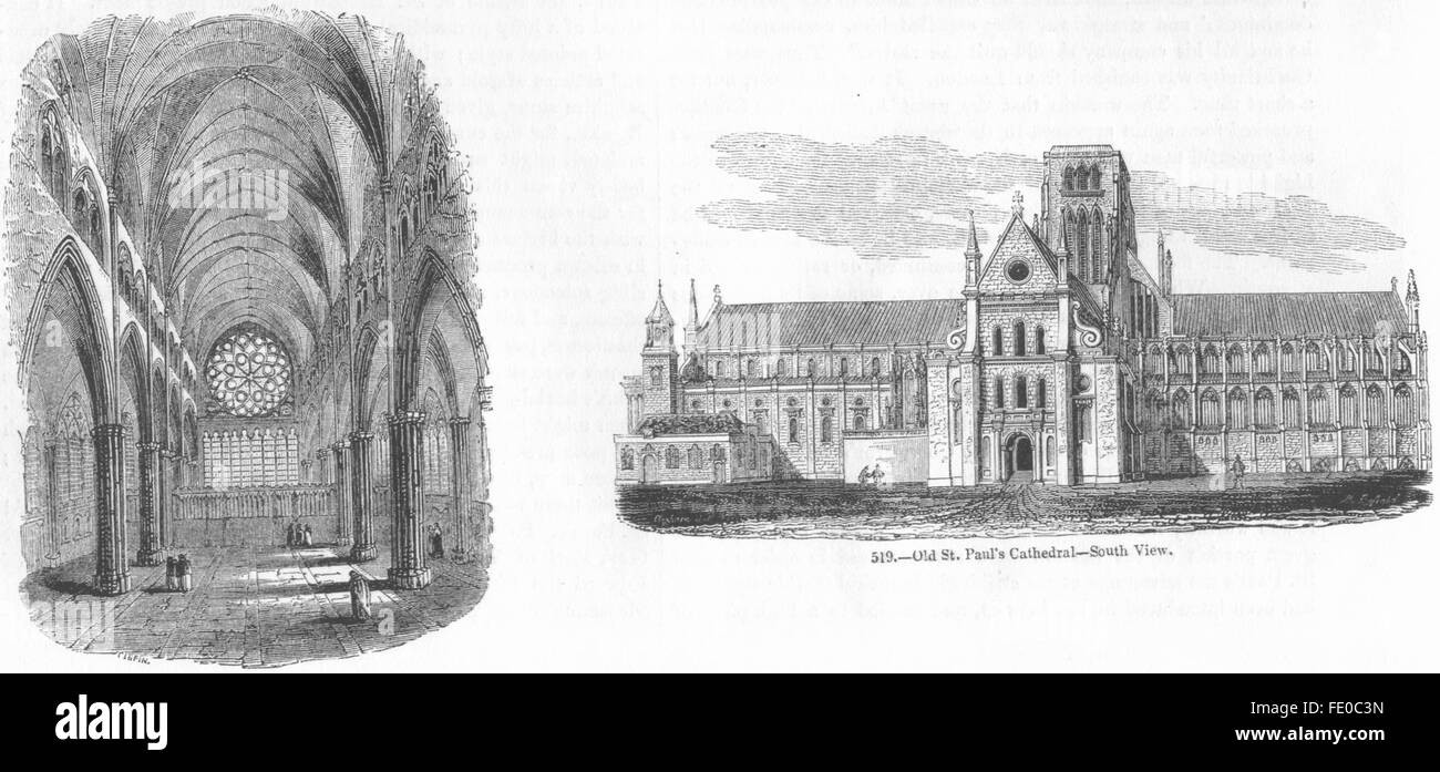 Londra: vecchia cattedrale di St Paul, antica stampa 1845 Foto Stock