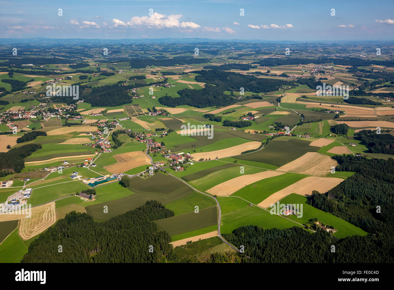 Antenna, agricoltura, allevamento, i campi e i prati e i boschi delle colline ai piedi delle Alpi in Linz, Andorf, Austria superiore,Austria Foto Stock