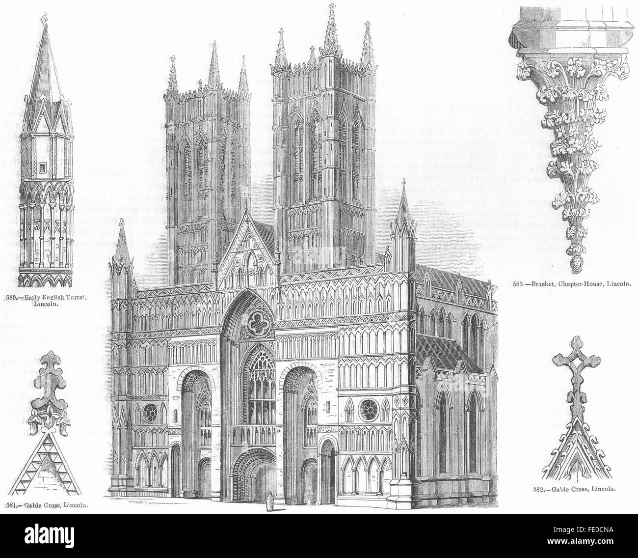 Cattedrale di Lincoln: torretta, Gable Croce, staffa, antica stampa 1845 Foto Stock