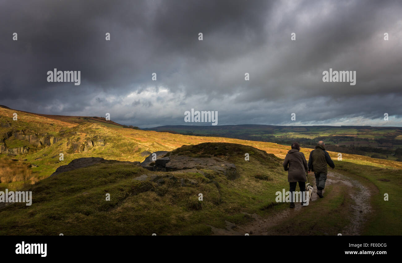 Due persone a piedi un cane nella luce e ombra su rurale Burley Moor, Wharfedale scena, West Yorkshire, Inghilterra Foto Stock