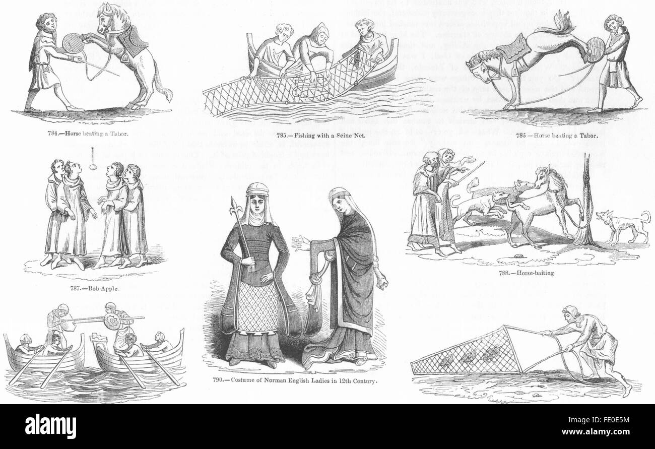 Dogane: Horse tormentando, tabor; bob apple, pesca, antica stampa 1845 Foto Stock