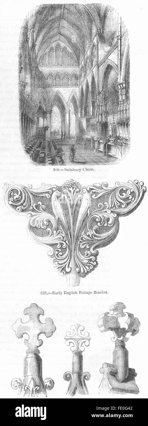 SALISBURY: Coro; staffa di fogliame; Gable Croci, antica stampa 1845 Foto Stock