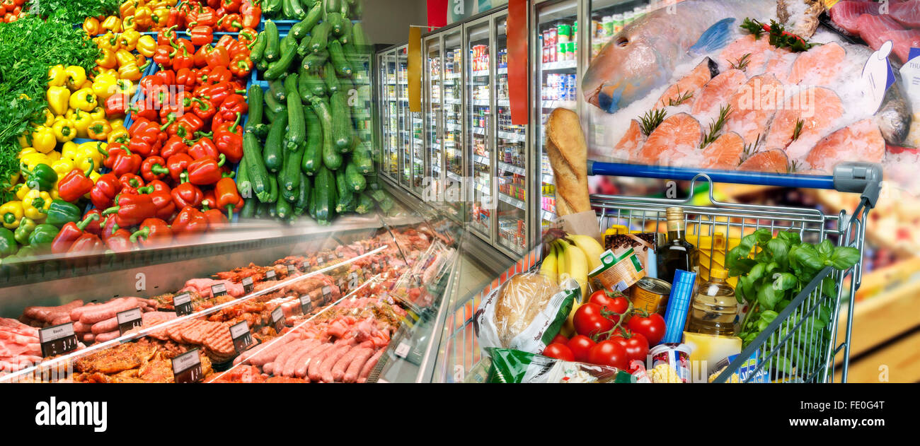 Selezione di verdure, carne, pesce e prodotti caseari nel supermercato Foto Stock