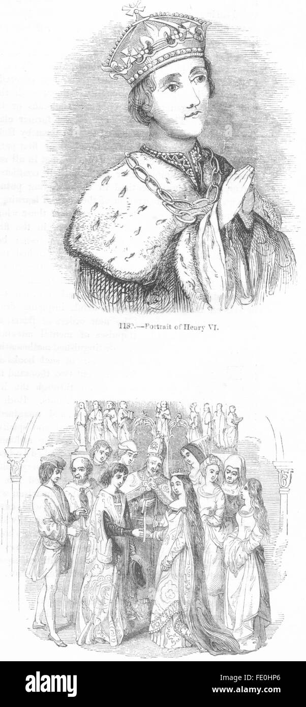 Ritratti: Enrico VI; di nozze & Margaret Anjou, antica stampa 1845 Foto Stock