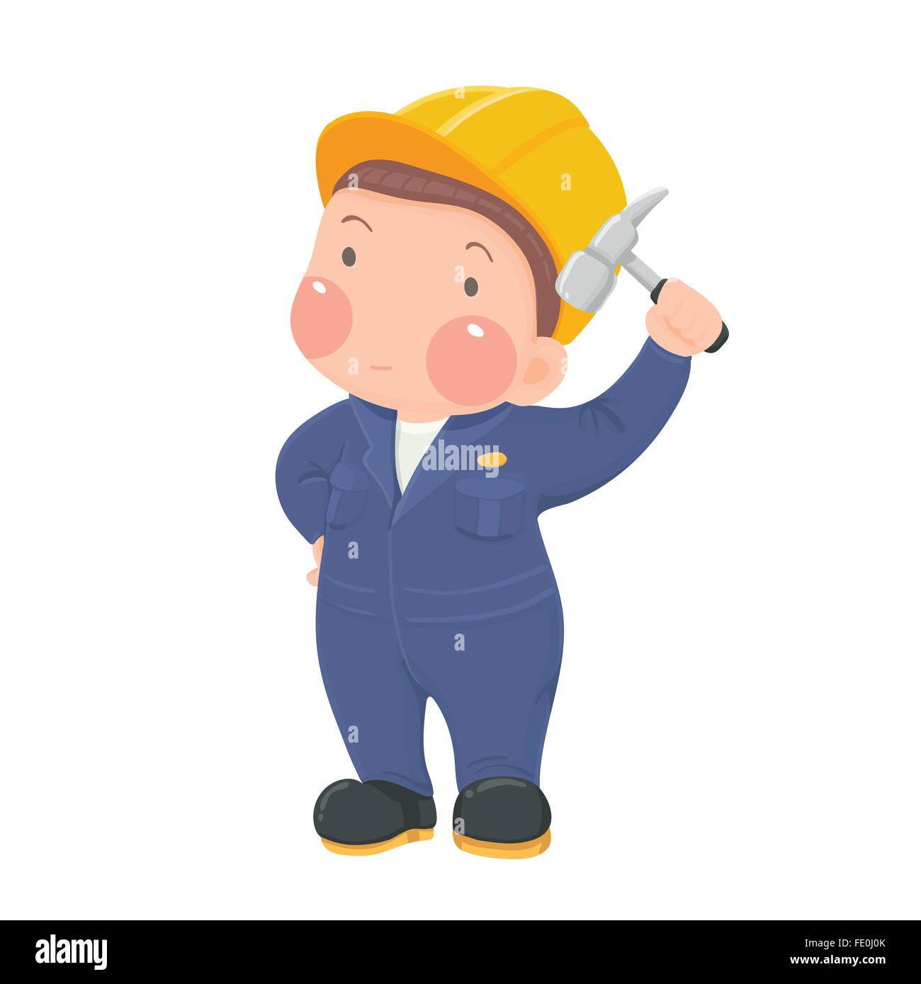 Illustrazione Vettoriale di servizio lavoratore meccanico in blu di usura di lavoro e casco azienda martello personaggio dei fumetti su sfondo bianco Illustrazione Vettoriale