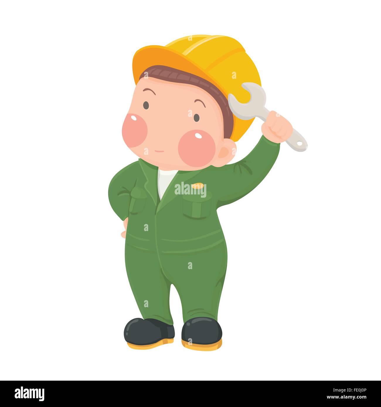 Illustrazione Vettoriale di servizio meccanico lavoratore nel verde di usura di lavoro e casco tenendo la chiave personaggio dei fumetti su bianco Illustrazione Vettoriale