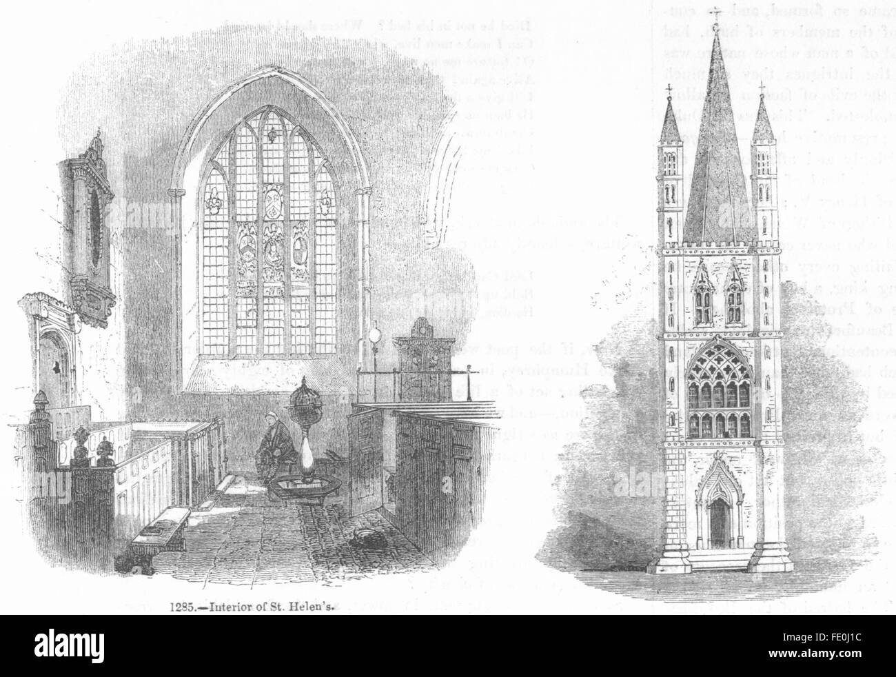 Londra: St Helen's; Torre di Michael's Cornhill, antica stampa 1845 Foto Stock