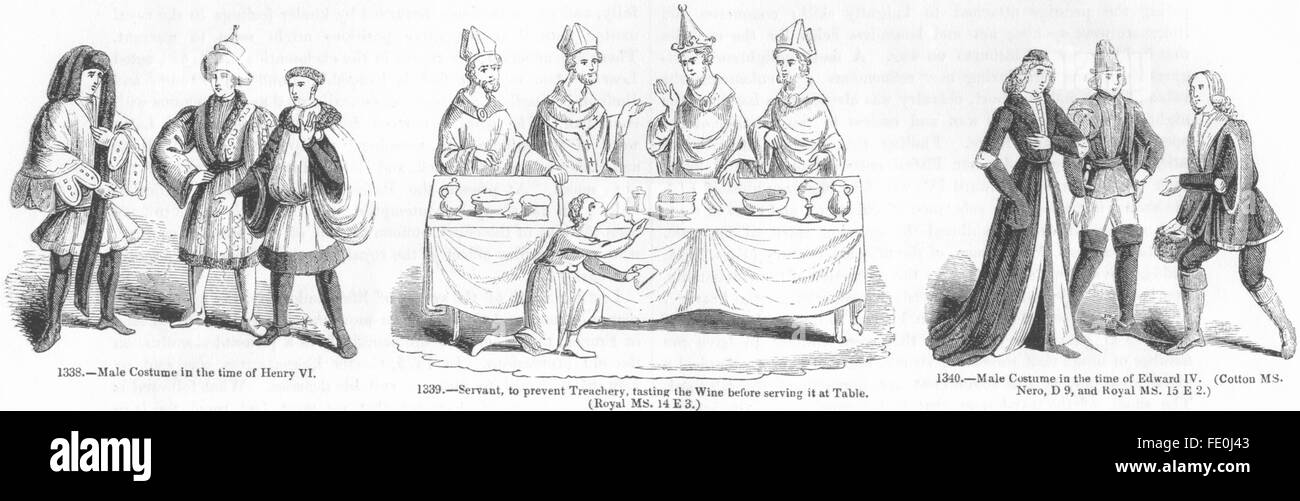 Costume maschile: XV secolo; servo la degustazione di vino, antica stampa 1845 Foto Stock