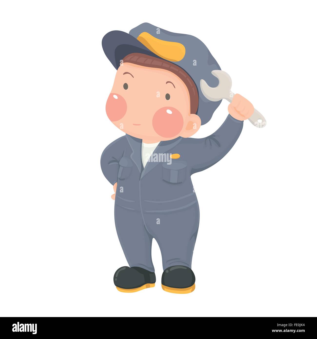 Illustrazione Vettoriale di servizio lavoratore meccanico in grigio di usura di lavoro tenendo la chiave personaggio dei fumetti su sfondo bianco Illustrazione Vettoriale