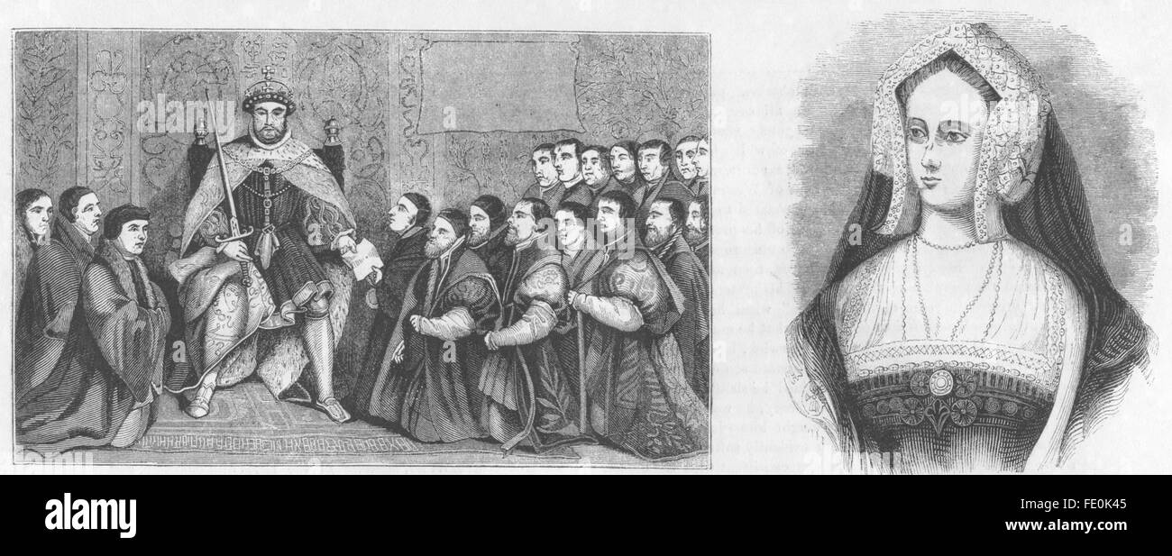 HENRY VIII: Barber-Surgeons carta; la regina Caterina, antica stampa 1845 Foto Stock
