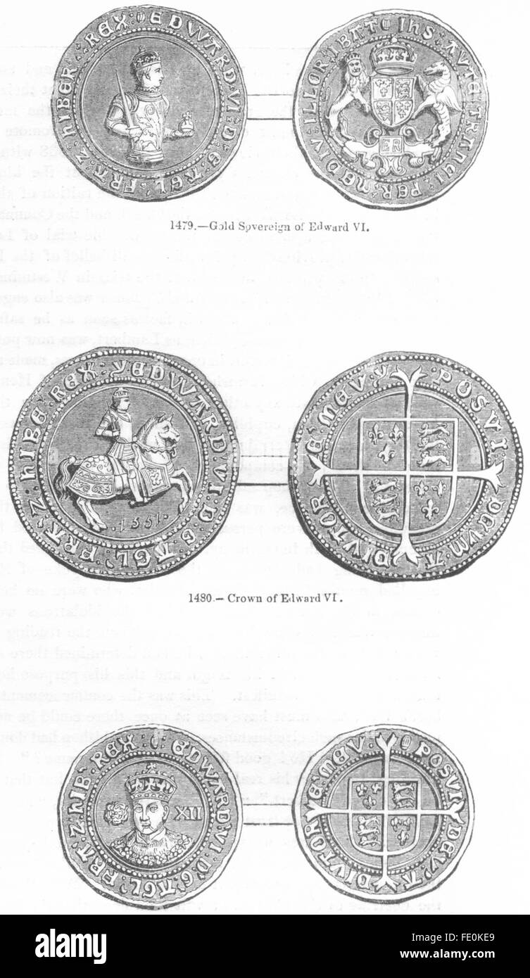 Re: oro sovrano di Edoardo VI; corona; Scellino, antica stampa 1845 Foto Stock