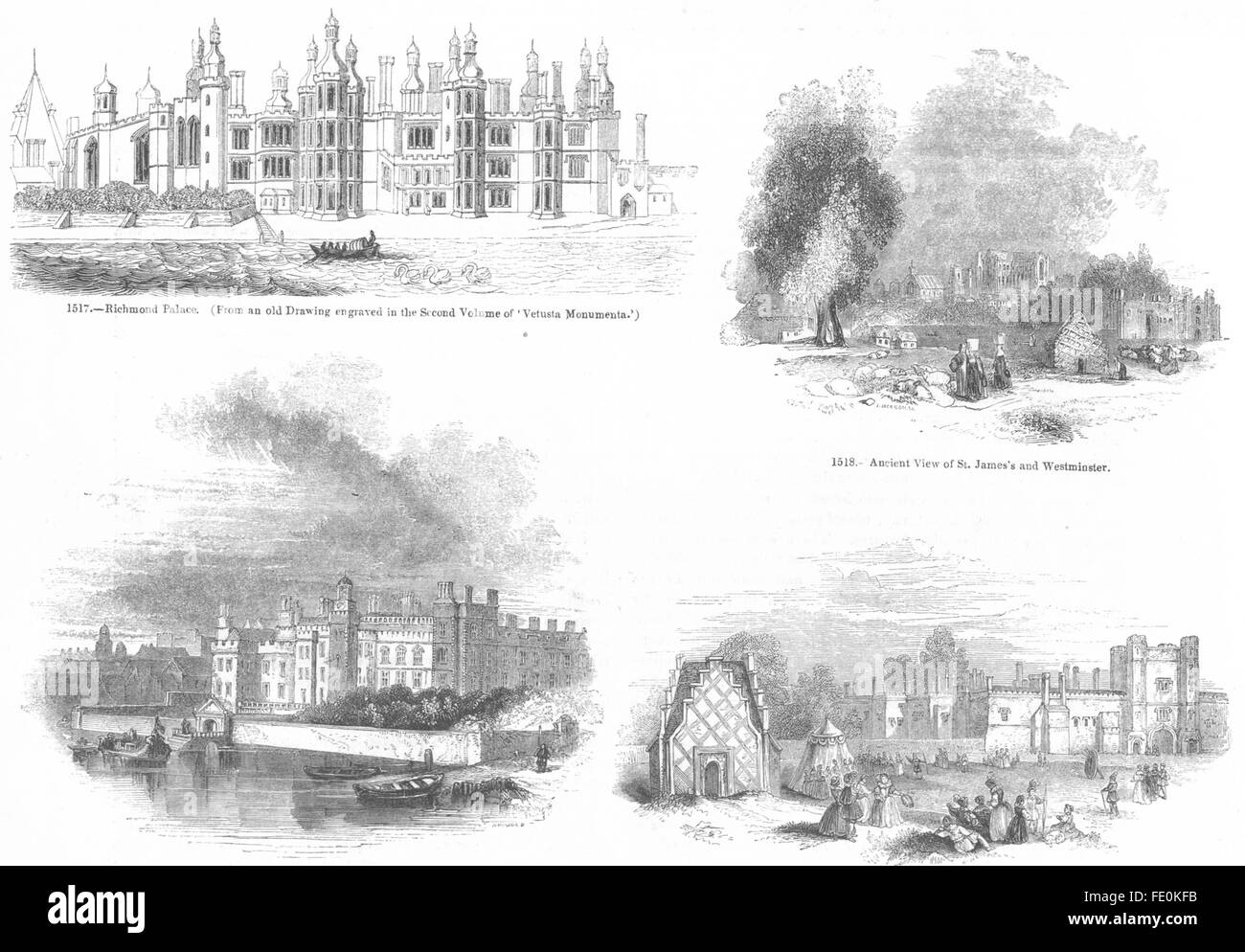 Londra: Richmond Palace; Somt House; St jamess, antica stampa 1845 Foto Stock