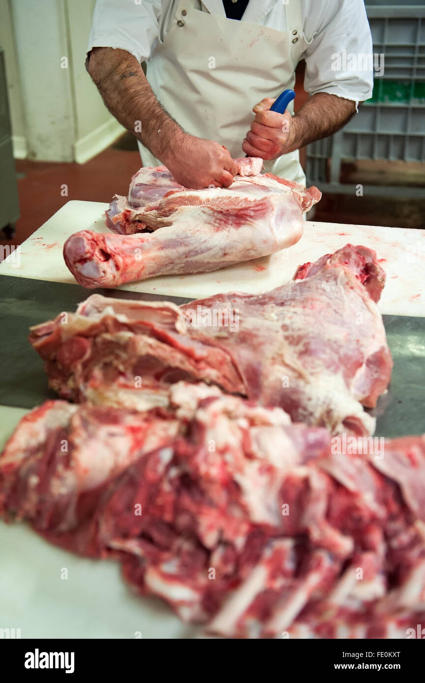 Unico maschio non identificabili macellaio il taglio in lastre di grandi dimensioni di carne cruda con coltello e altri pezzi di fronte all'interno di lui cibo p Foto Stock