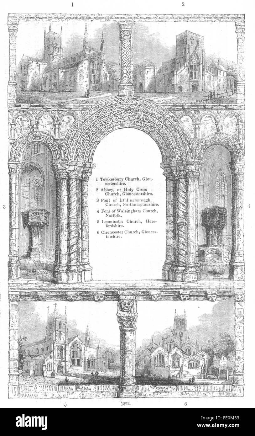 Chiese: Tewkesbury, Leominster, Cirencester, antica stampa 1845 Foto Stock