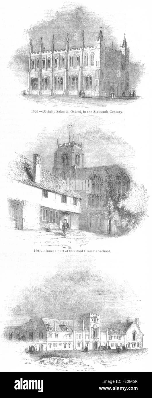 OXFORD: scuola di divinità, Balliol College; Stratford, antica stampa 1845 Foto Stock
