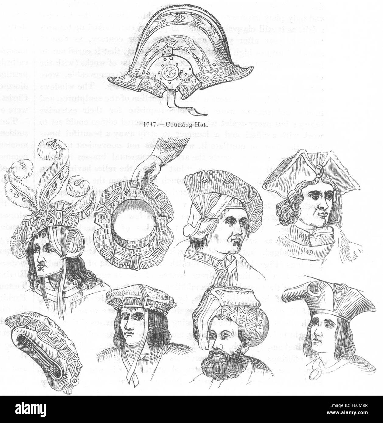 Cappelli: Caps & cofani del XVI secolo, antica stampa 1845 Foto Stock