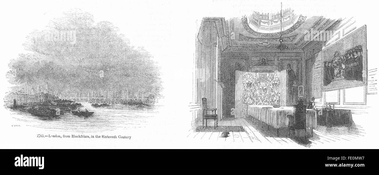 Londra: Fm Blackfriars, 16C; Barber-Surgeon Hall, antica stampa 1845 Foto Stock