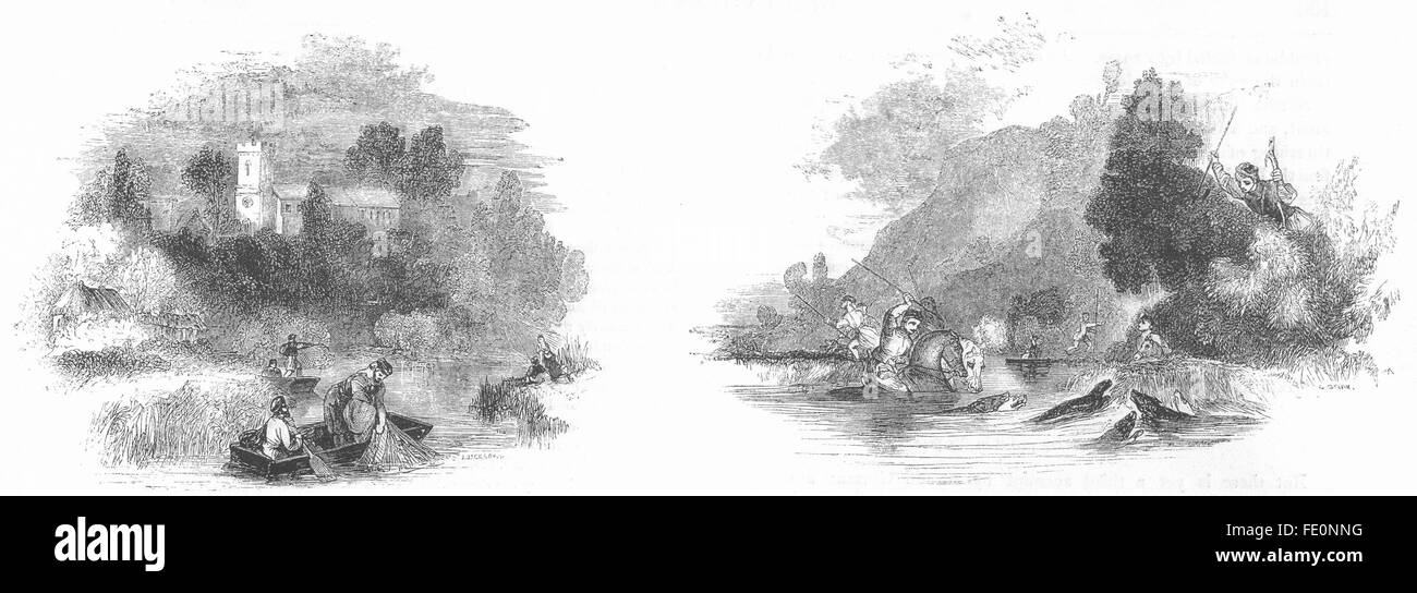 La pesca : Pesca ; Otter-caccia, antica stampa 1845 Foto Stock