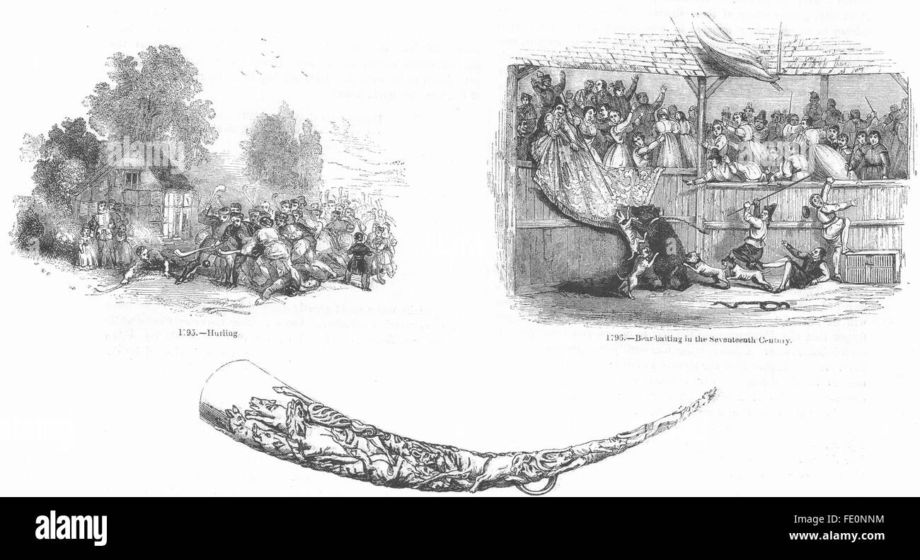 SPORT: Hockey irlandese; Bear-baiting 17c; 16C Hunting-Horn, antica stampa 1845 Foto Stock