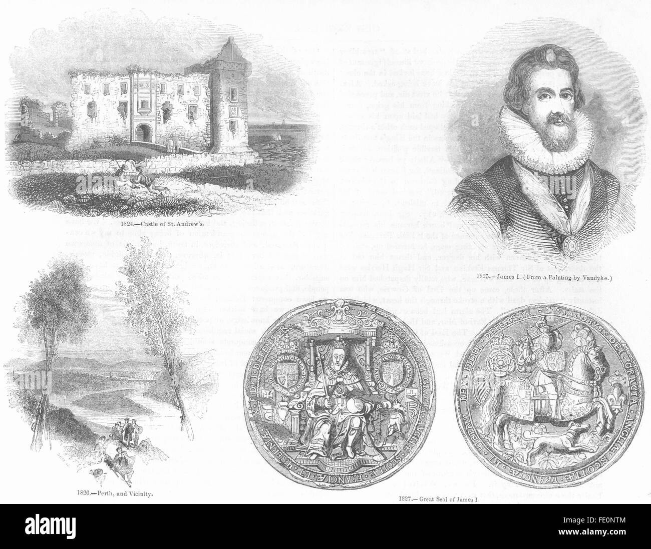 Scozia: St Andrew's Castle; James I; Perth; Io sigillo, antica stampa 1845 Foto Stock