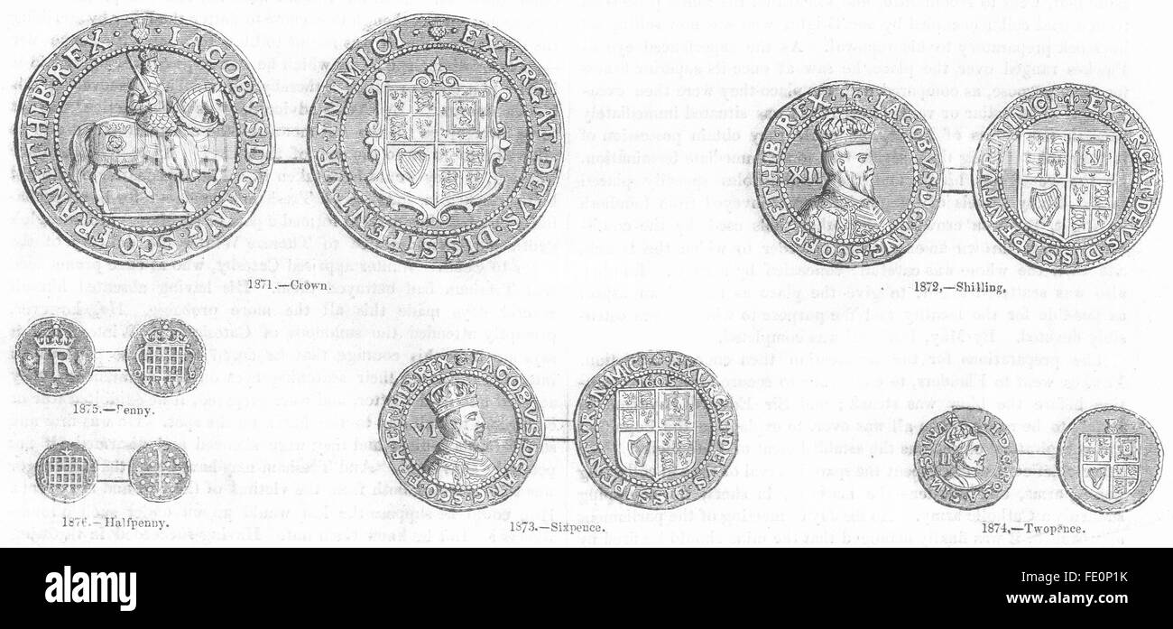 Monete: James I; corona; Penny; Hapenny; Scellino; 2 pence, antica stampa 1845 Foto Stock