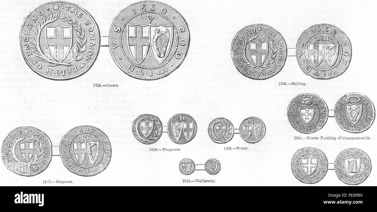 COMMONWEALTH MONETE: Inc corona; Scellino; Sixpence, antica stampa 1845 Foto Stock
