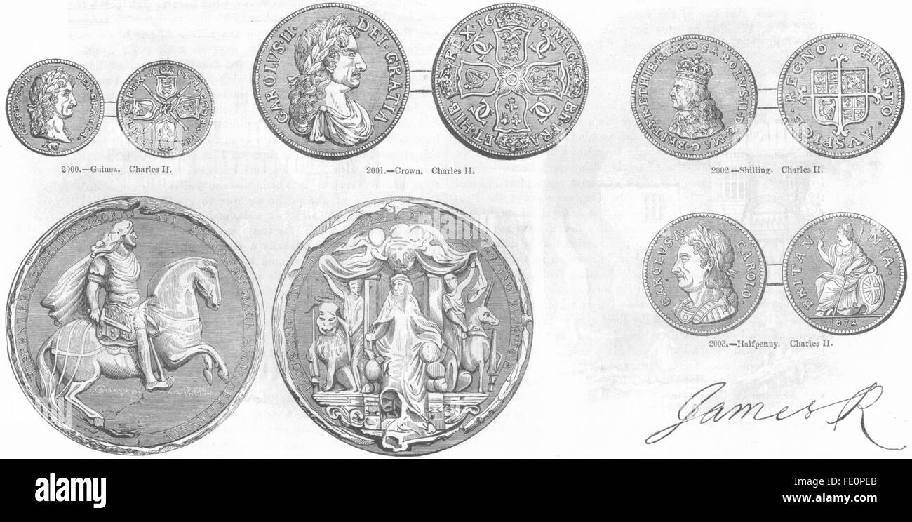 CHARLES II MONETE: Guinea, Crown, Scellino; James, antica stampa 1845 Foto Stock
