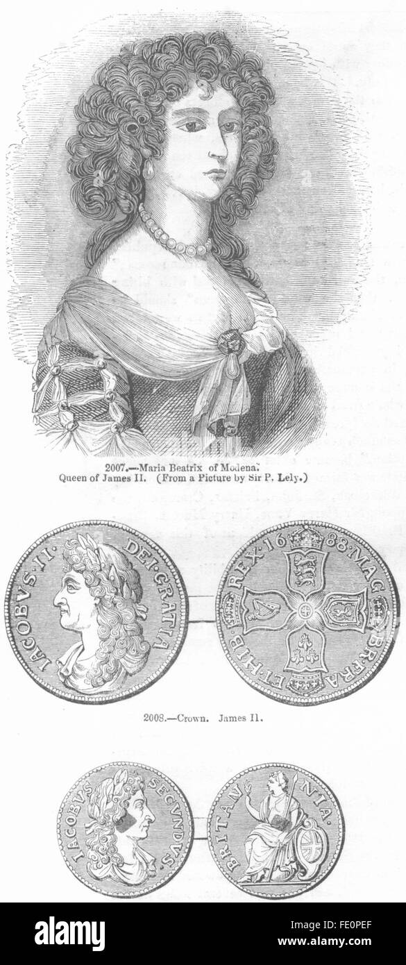 Giacomo II: Maria Beatrice Modena, regina; corona, Hapenny, antica stampa 1845 Foto Stock