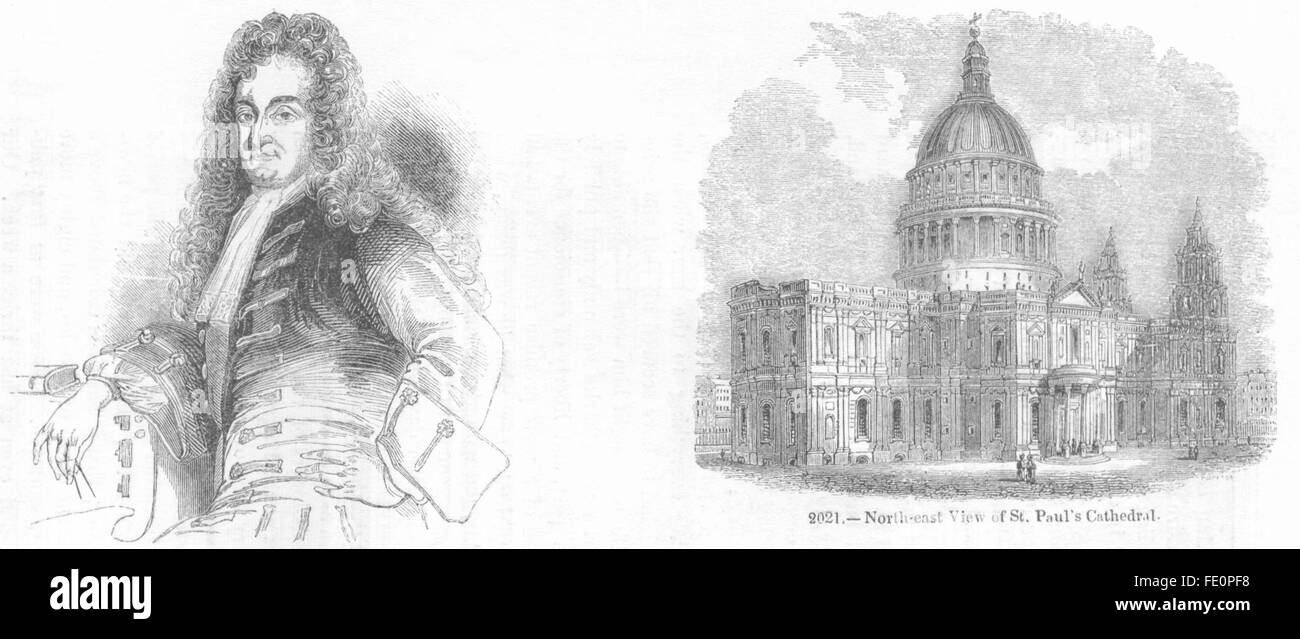 Londra: Christopher Wren; NE la Cattedrale di St Paul, antica stampa 1845 Foto Stock