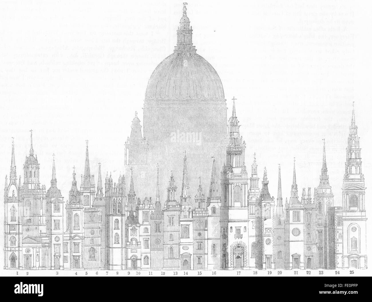 Londra: Christopher Wren: chiese, St Pauls rispetto, antica stampa 1845 Foto Stock