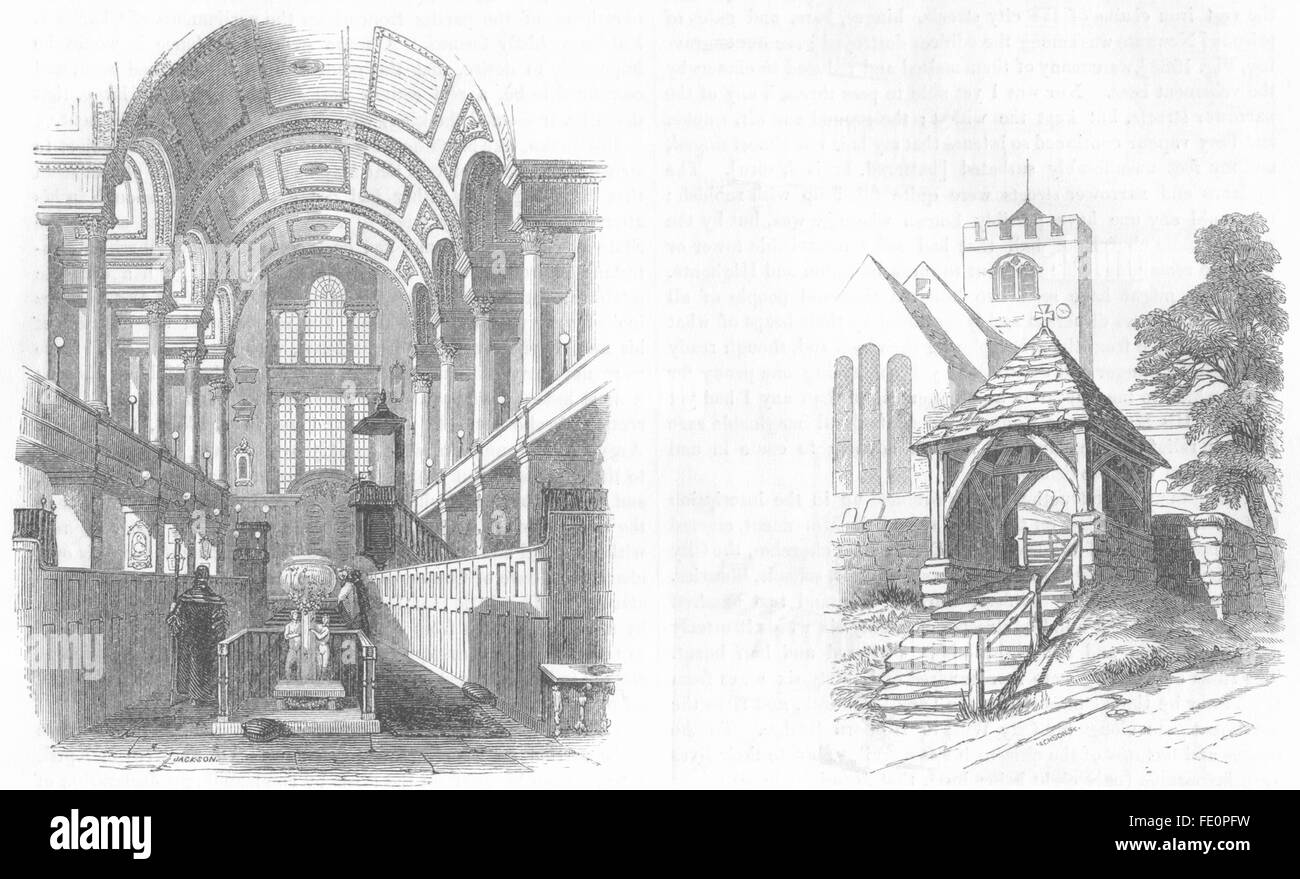 Londra: St James, Westminster; Lich Gate, Pulborough, antica stampa 1845 Foto Stock