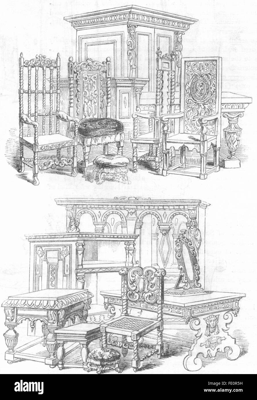 : DECORATIVE mobili del XVI secolo , antica stampa 1845 Foto Stock