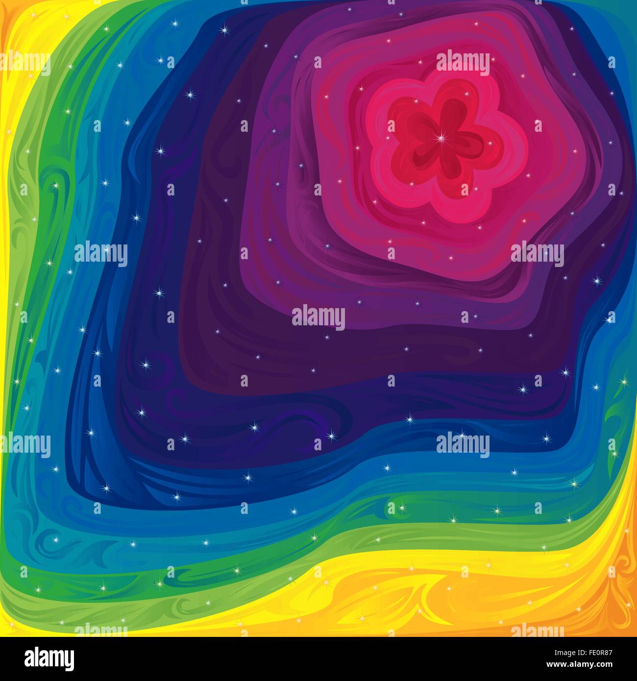 Astratto modello variegato con colori primari dello spettro visibile, luminoso fiore rosa e piccole stelle scintillanti, vettore illust Illustrazione Vettoriale