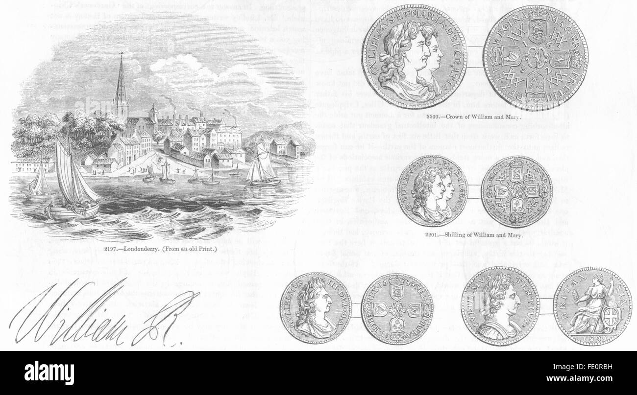 LONDONDERRY: William & Mary: Monete: Crown; Scellino, antica stampa 1845 Foto Stock