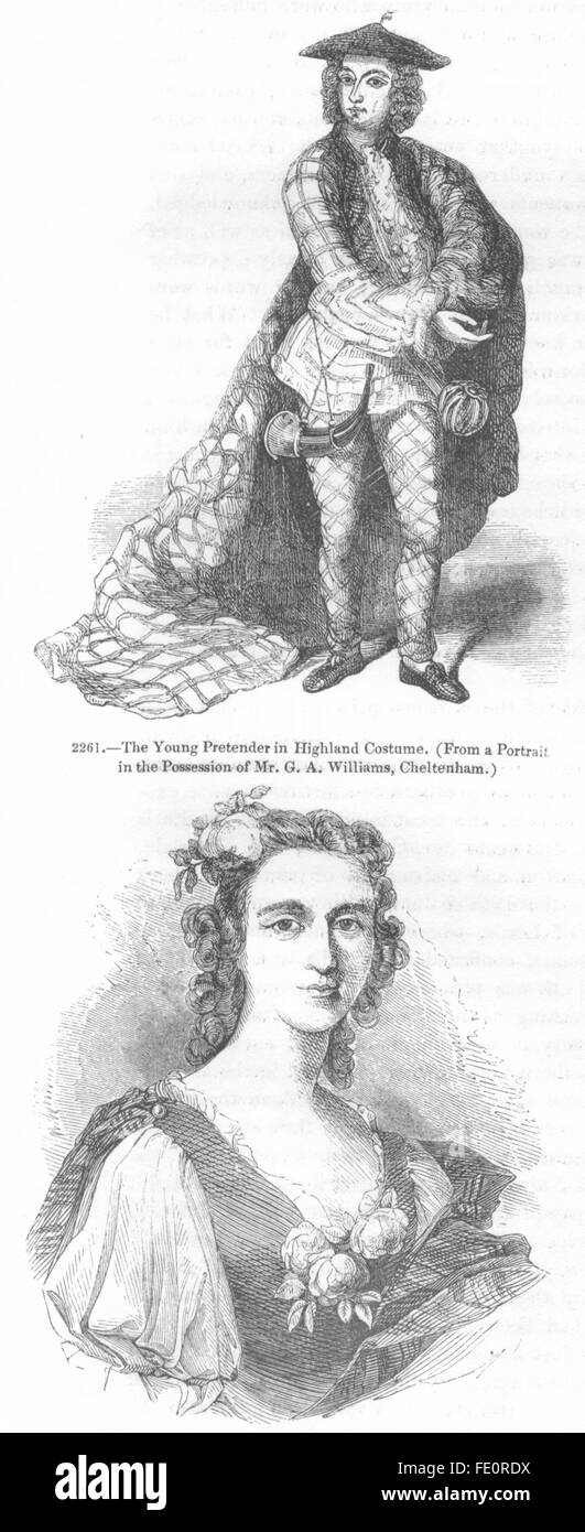 Scozia: pretendente, Highland dress; Flora Macdonald, antica stampa 1845 Foto Stock