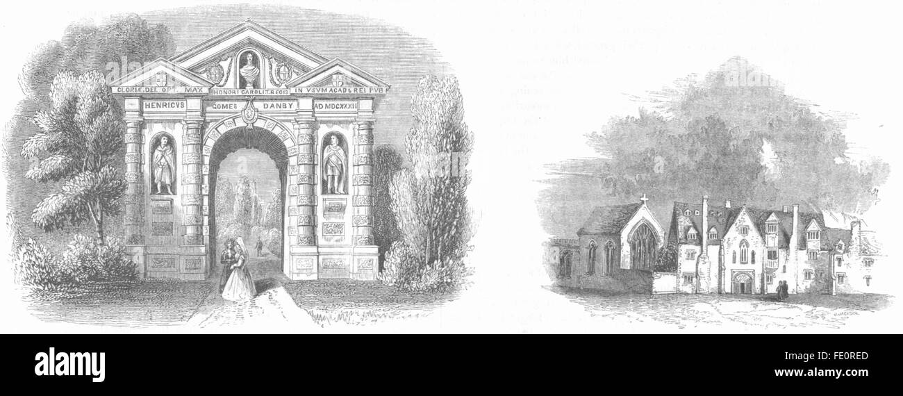 OXFORD: Giardino Botanico; Queen's College, 16il thC, antica stampa 1845 Foto Stock