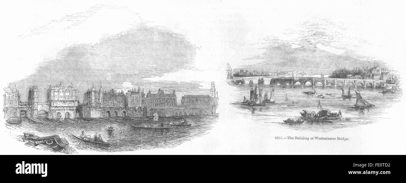 LONDON BRIDGE: nel 1760; la costruzione di Westminster Bridge, antica stampa 1845 Foto Stock