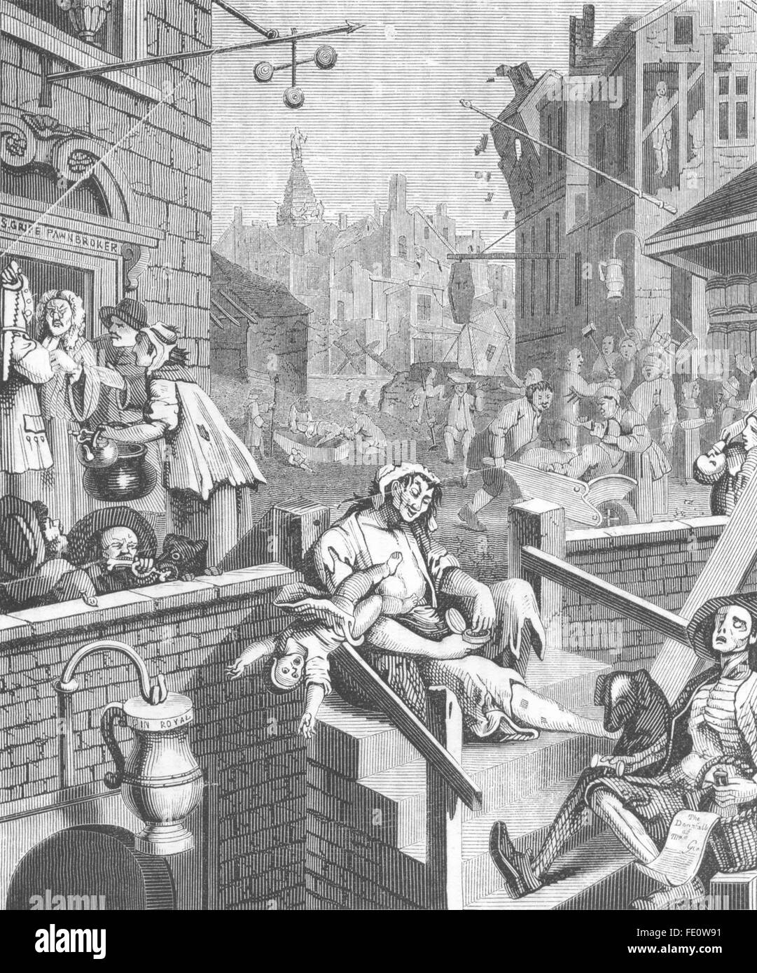 Città: Gin lane, antica stampa 1845 Foto Stock