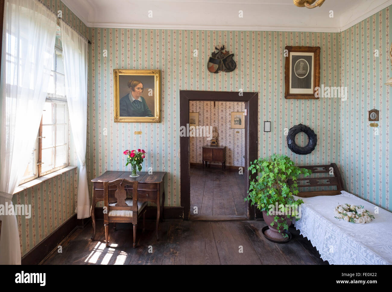 Camera della morte del poeta Annette von Droste-Hülshoff, Alte Burg o Castello di Meersburg, Meersburg, Lago di Costanza, Bodenseekreis Foto Stock
