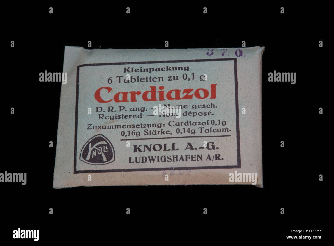 Storico campione tedesco di Cardiazol come dato ai medici tedeschi verso la fine del XVIII inizio del XIX secolo il confezionamento Foto Stock